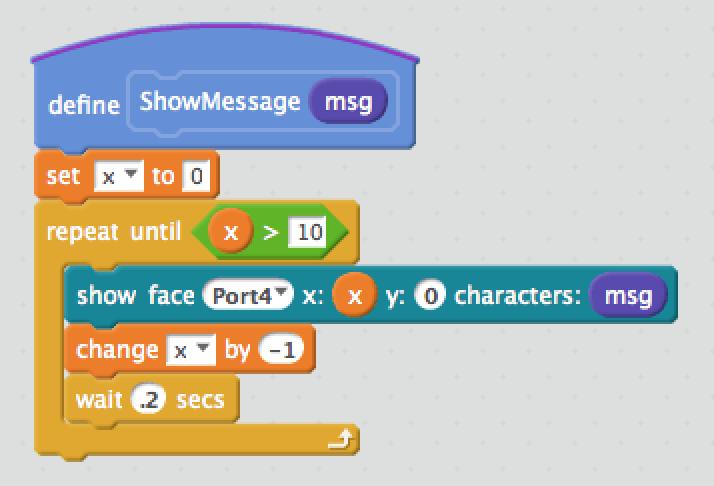 Function to show a scrolling message on the face plate - mBot ...